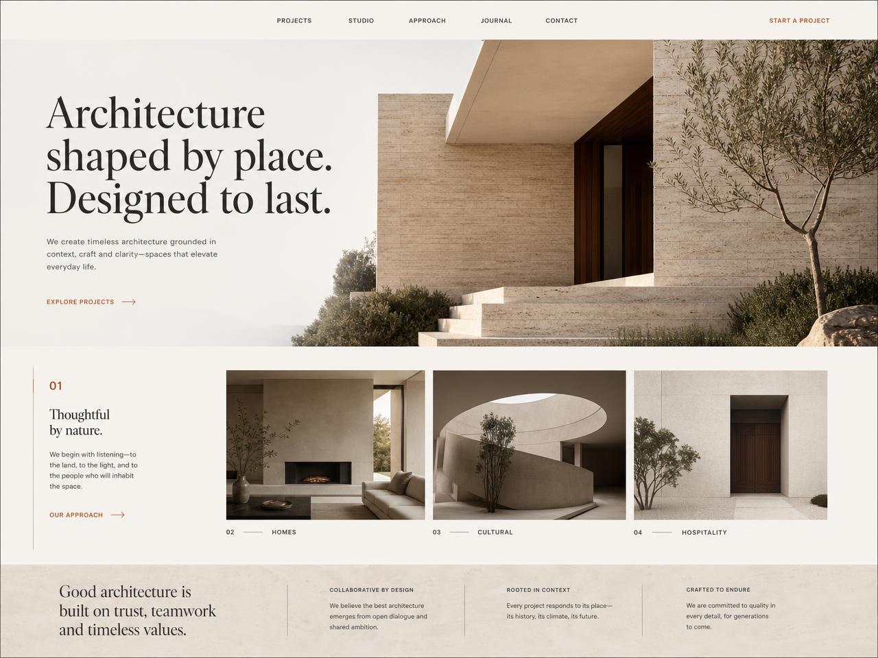 Design example of a studio website with warm stone palette and large editorial typography