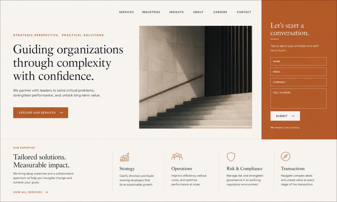 Design example of a professional services firm website with a contact panel and editorial layout