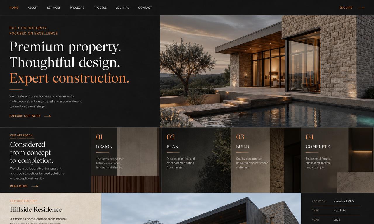 Design example of a property and construction company website with dark editorial layout